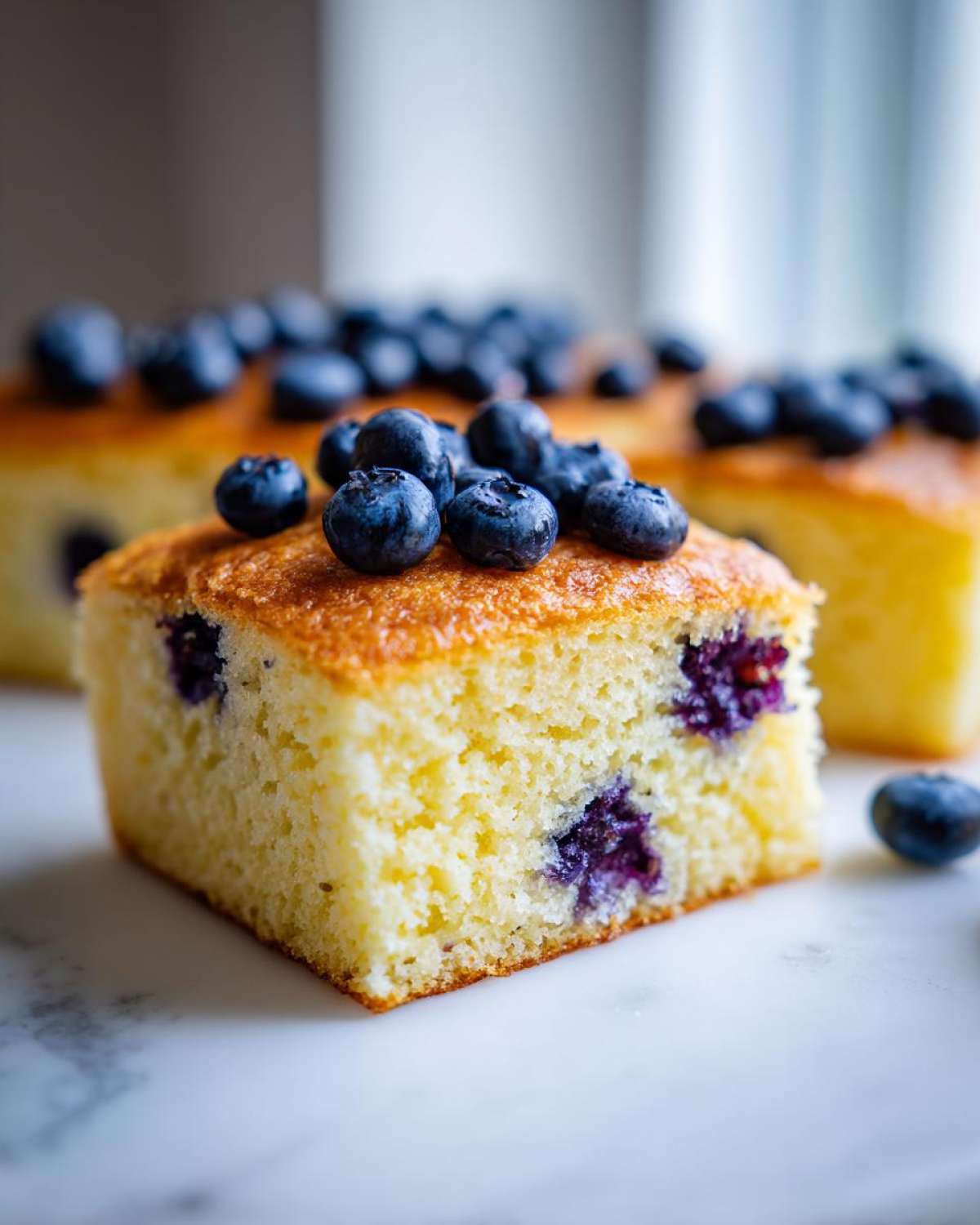 Close-up of a square slice of fluffy sheet pan pancakes topped with fresh blueberries.