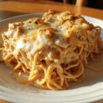 A generous serving of creamy, cheesy chicken spaghetti casserole topped with melted white cheese.