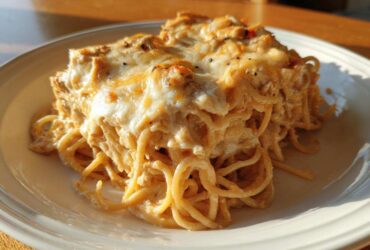 A generous serving of creamy, cheesy chicken spaghetti casserole topped with melted white cheese.
