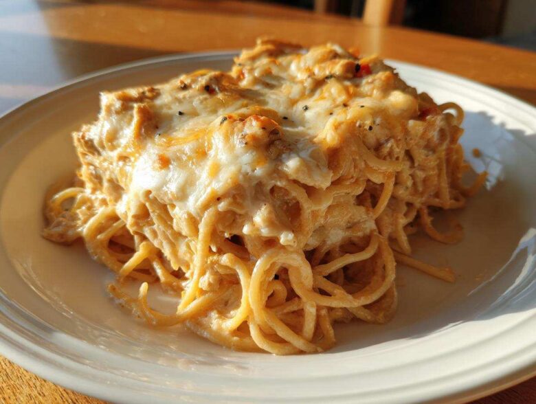 A generous serving of creamy, cheesy chicken spaghetti casserole topped with melted white cheese.