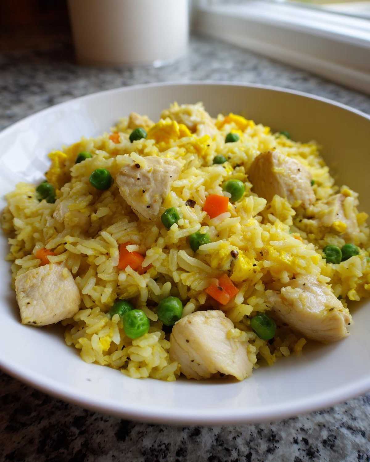 Close-up of a white bowl filled with Gluten-Free Lemon Pepper Fried Rice featuring chicken pieces, peas, carrots, and scrambled egg.