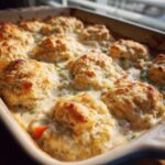 Close-up of baked chicken pot pie with biscuits topping bubbling in a creamy sauce with carrots and peas.