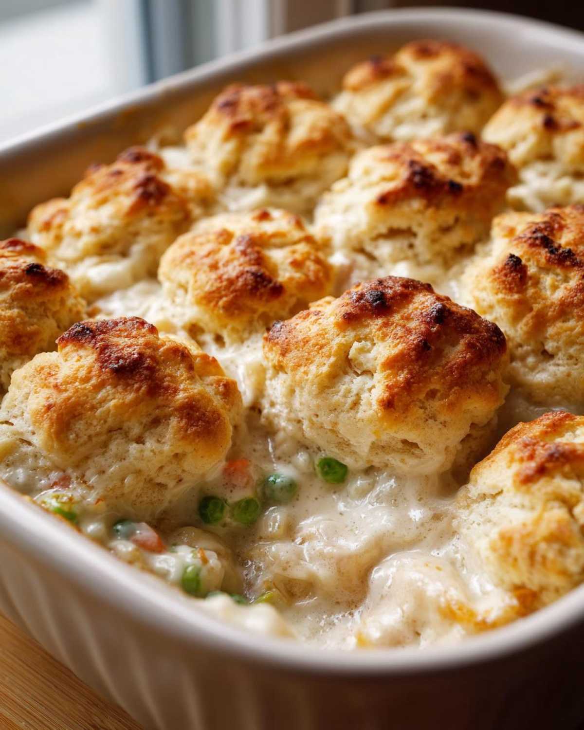 Close-up of baked chicken pot pie with biscuits, showing golden brown tops over creamy filling and peas.