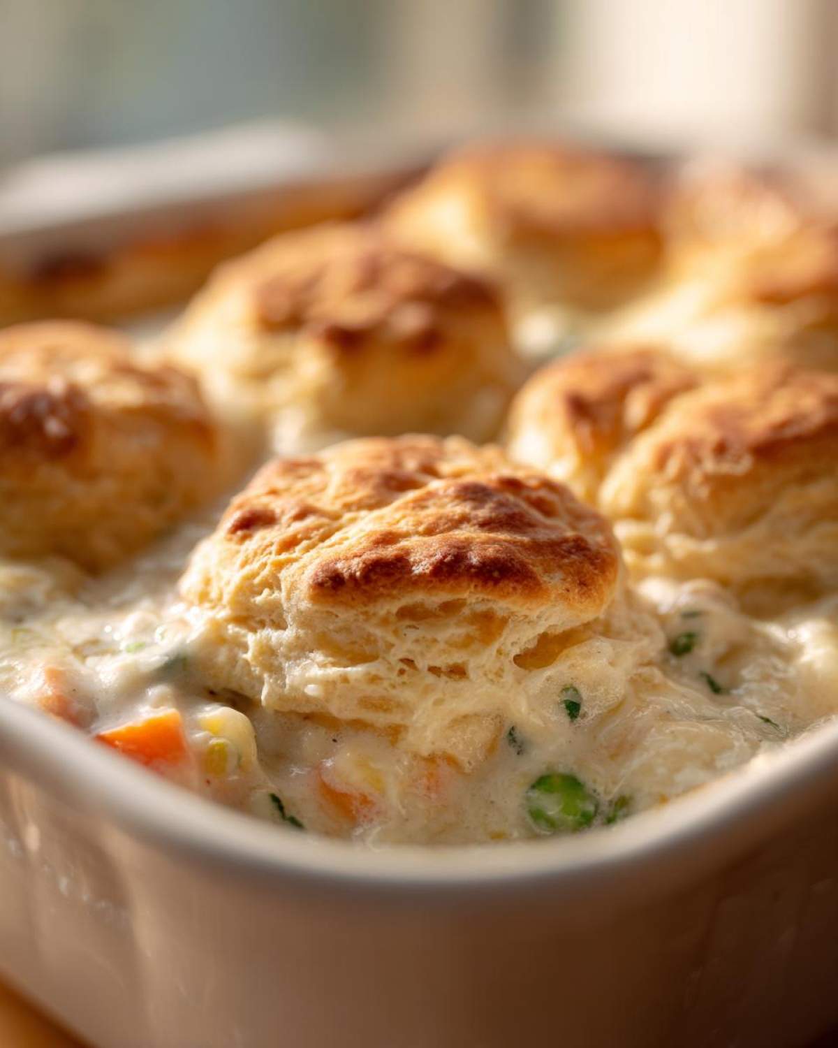 Close-up of golden, flaky biscuits topping a creamy chicken pot pie with visible carrots and peas.