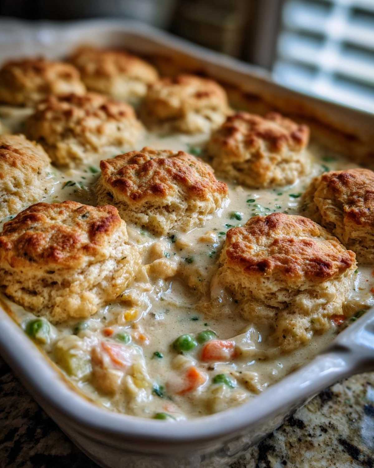 Close-up of baked chicken pot pie with biscuits topping, showing creamy filling with peas and carrots.