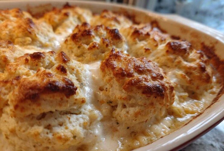 Close-up of golden-brown biscuits topping a creamy filling in a chicken pot pie with biscuits casserole dish.