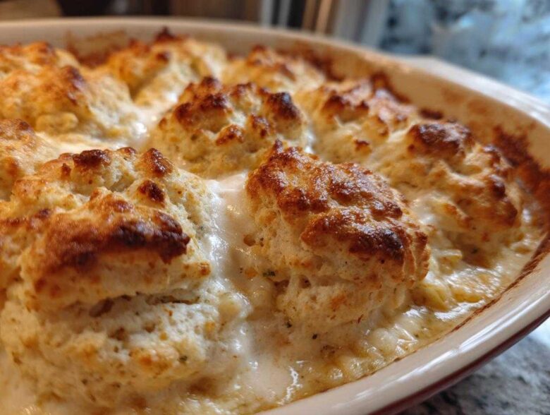 Close-up of golden-brown biscuits topping a creamy filling in a chicken pot pie with biscuits casserole dish.