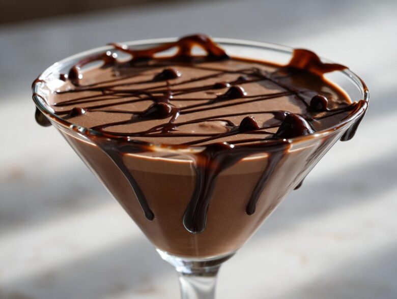 A close-up of a rich, creamy chocolate martini topped with drizzled chocolate syrup.