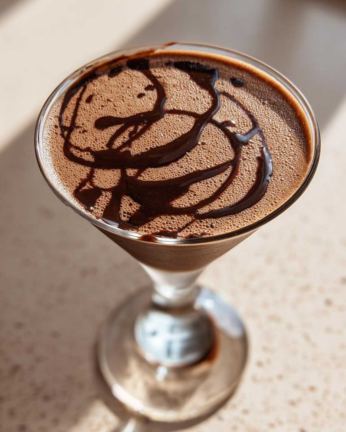 Overhead view of a creamy chocolate martini in a glass, topped with a dark chocolate syrup drizzle.