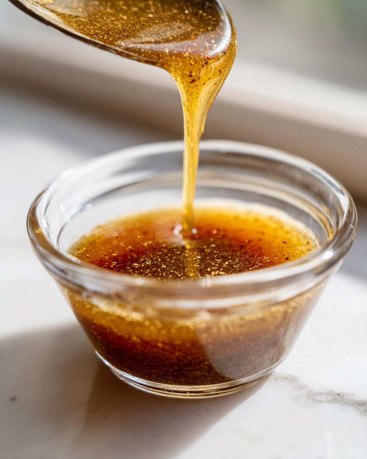 Close-up of thick, golden Copycat Apple Cider Vinaigrette being poured from a spoon into a small glass bowl.