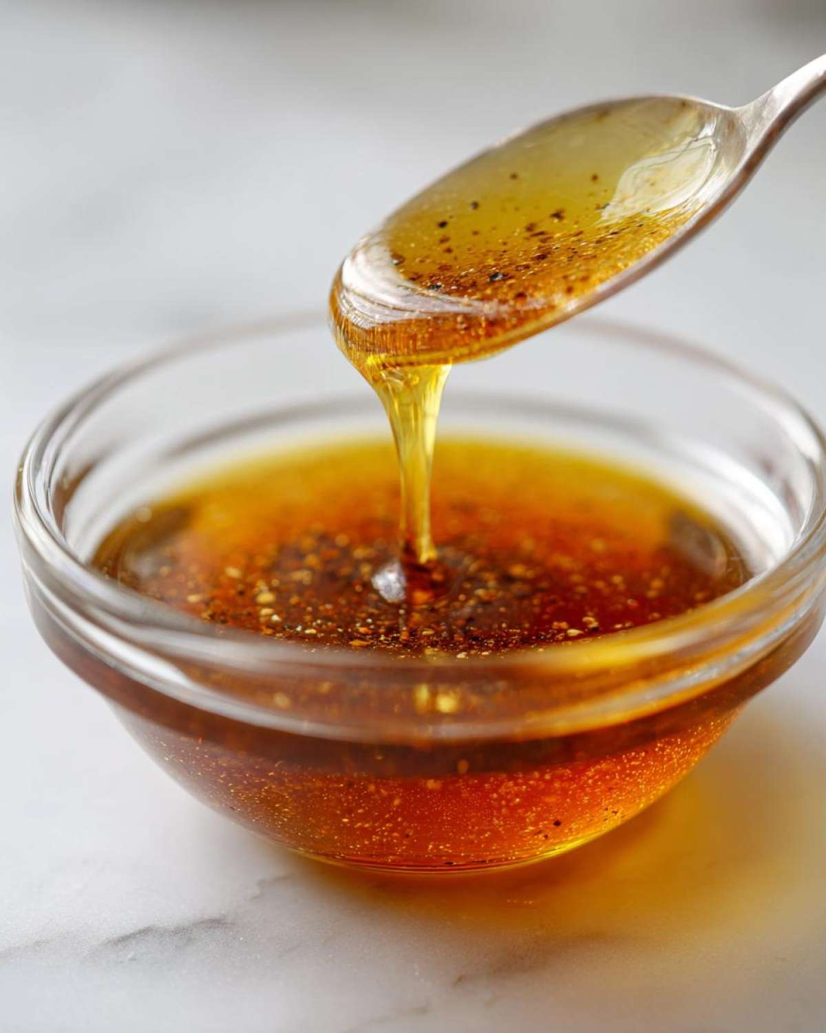 A spoonful of rich, amber Copycat Apple Cider Vinaigrette dripping back into a small glass bowl.