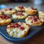 A close-up of freshly baked Copycat Café Bacon Gruyere Egg Bites in a muffin tin, one bite is broken open.