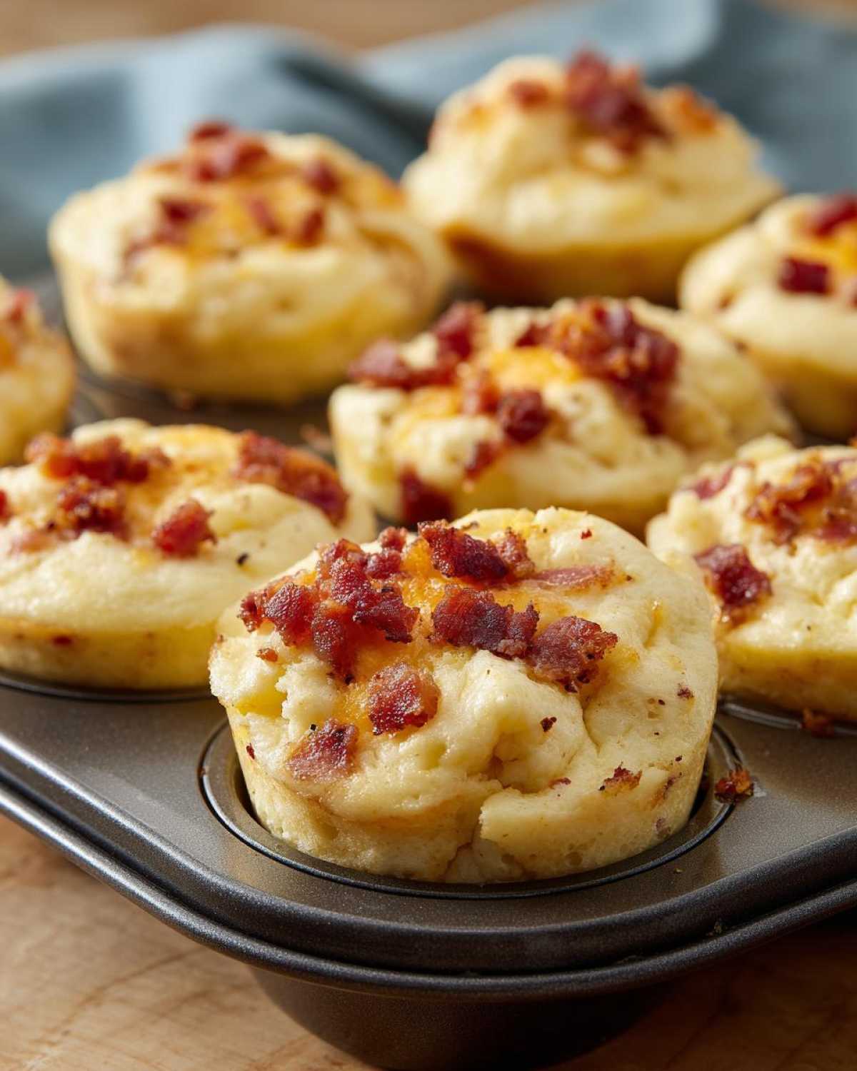 Close-up of freshly baked Copycat Café Bacon Gruyere Egg Bites in a muffin tin, topped with crispy bacon.