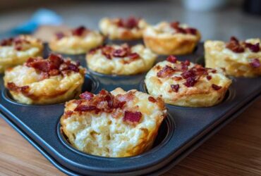 A close-up of freshly baked Copycat Café Bacon Gruyere Egg Bites in a muffin tin, one bite is broken open.