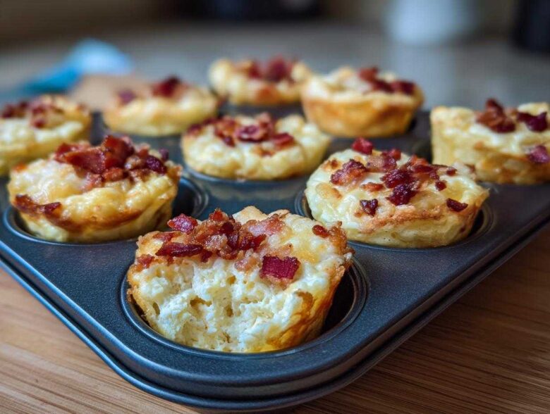 A close-up of freshly baked Copycat Café Bacon Gruyere Egg Bites in a muffin tin, one bite is broken open.