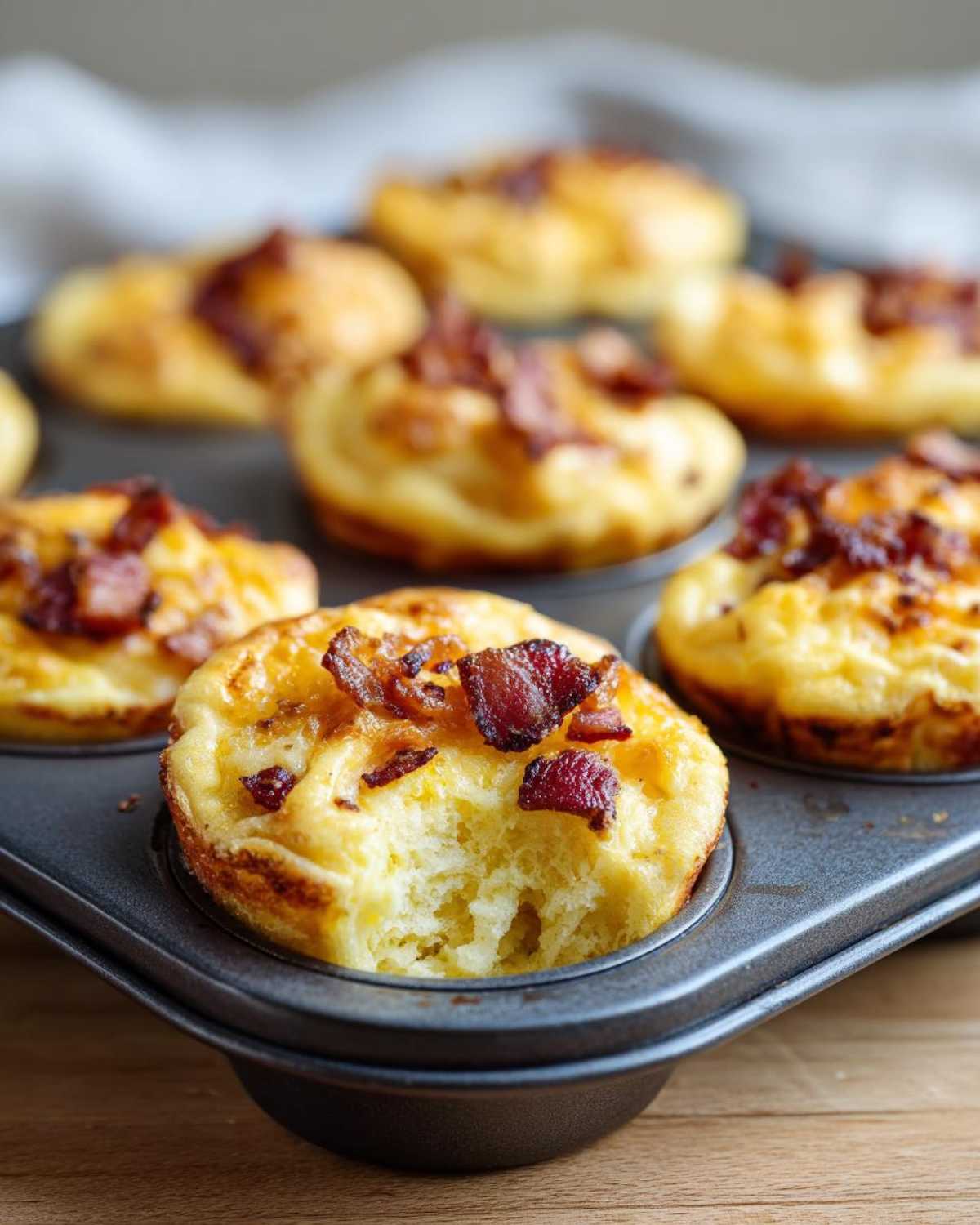 Close-up of Copycat Café-Style Bacon Gruyere Egg Bites in a muffin tin, one bite has a piece taken out.