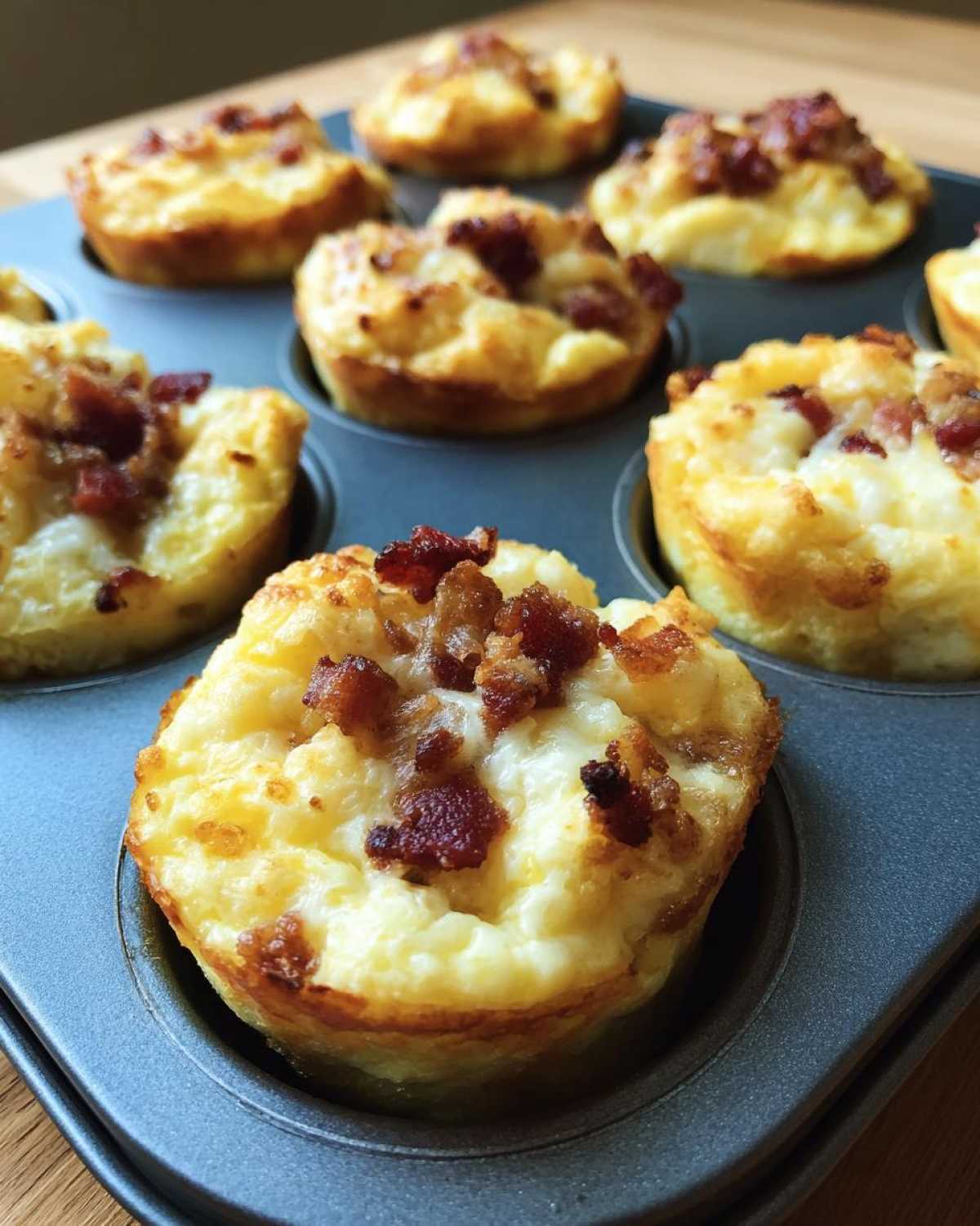 Close-up of golden Copycat Café Bacon Gruyere Egg Bites baked in a muffin tin, topped with crispy bacon bits.