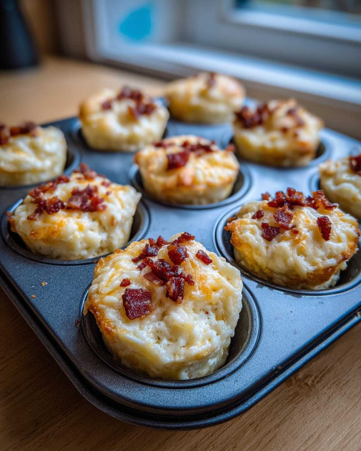 Close-up of freshly baked Copycat Café Bacon Gruyere Egg Bites in a muffin tin, topped with crispy bacon bits.
