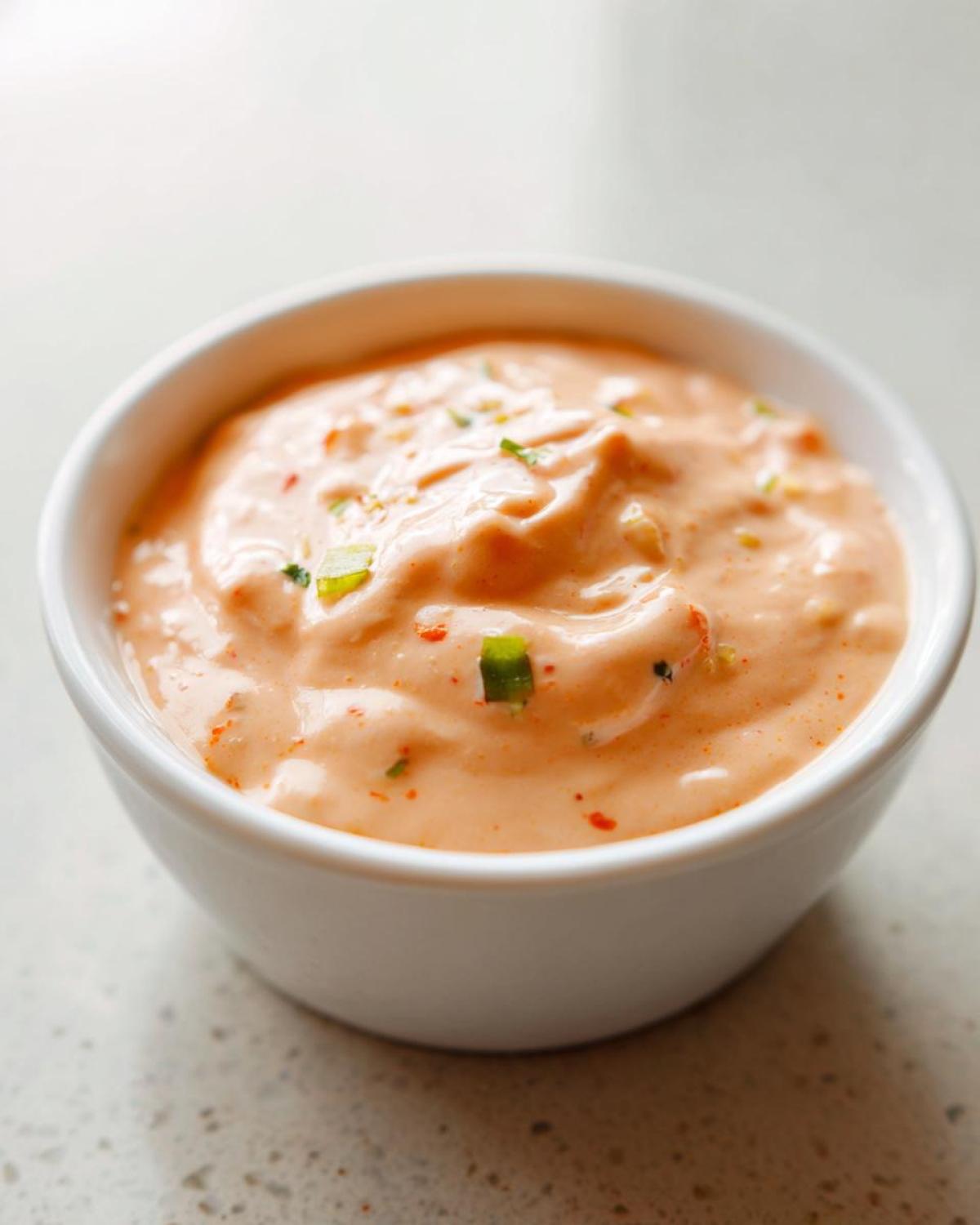 Close-up of creamy, orange-pink Copycat Classic Burger Spread Sauce garnished with green onion pieces.