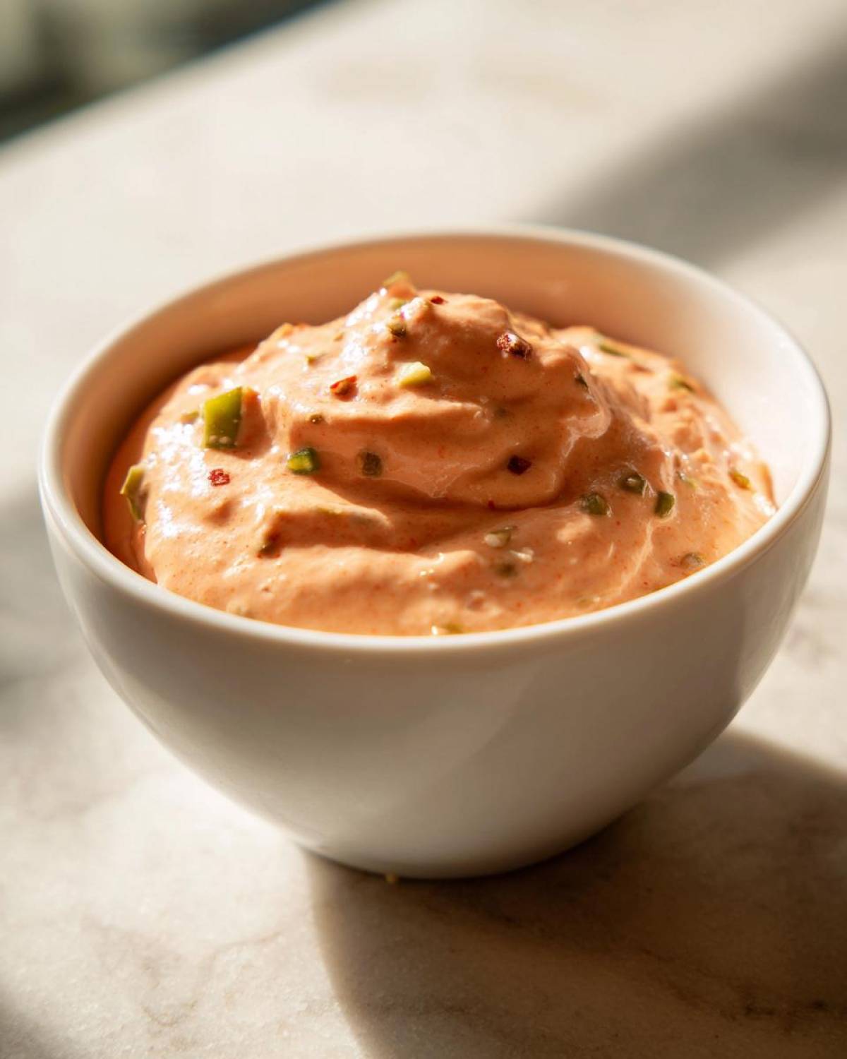 A white bowl filled with thick, orange-pink Copycat Classic Burger Spread Sauce mixed with visible green relish pieces.