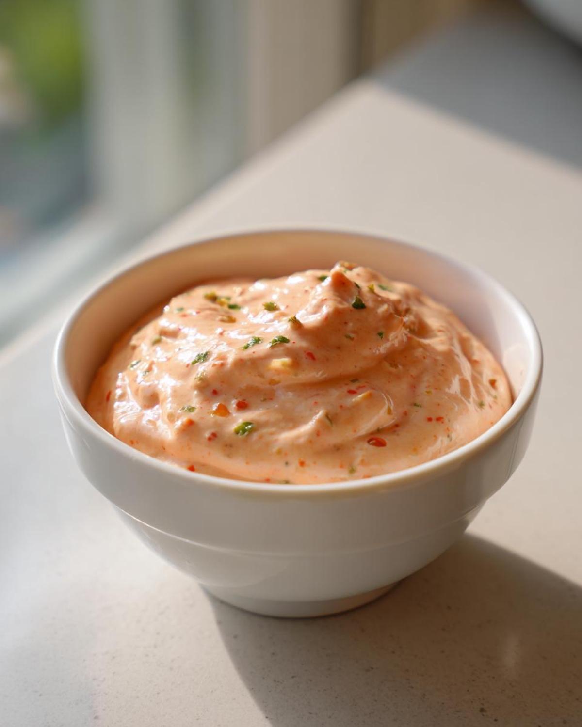 A white bowl filled with creamy, orange-hued Copycat Classic Burger Spread Sauce, garnished with herbs.