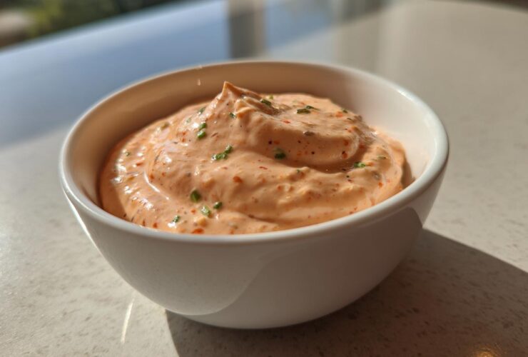 A small white bowl filled with creamy, orange-hued Copycat Classic Burger Spread Sauce, garnished with herbs.