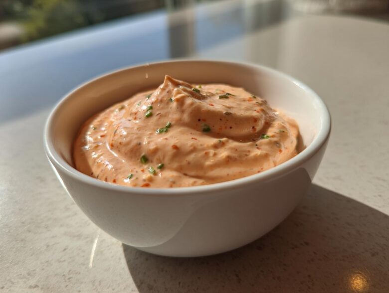 A small white bowl filled with creamy, orange-hued Copycat Classic Burger Spread Sauce, garnished with herbs.