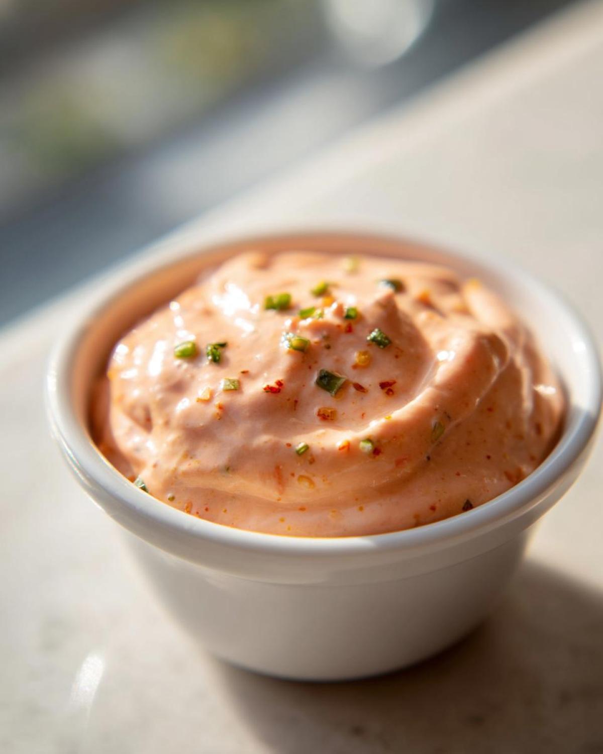 A close-up of creamy, orange-pink Copycat Classic Burger Spread Sauce garnished with green herbs and red pepper flakes.