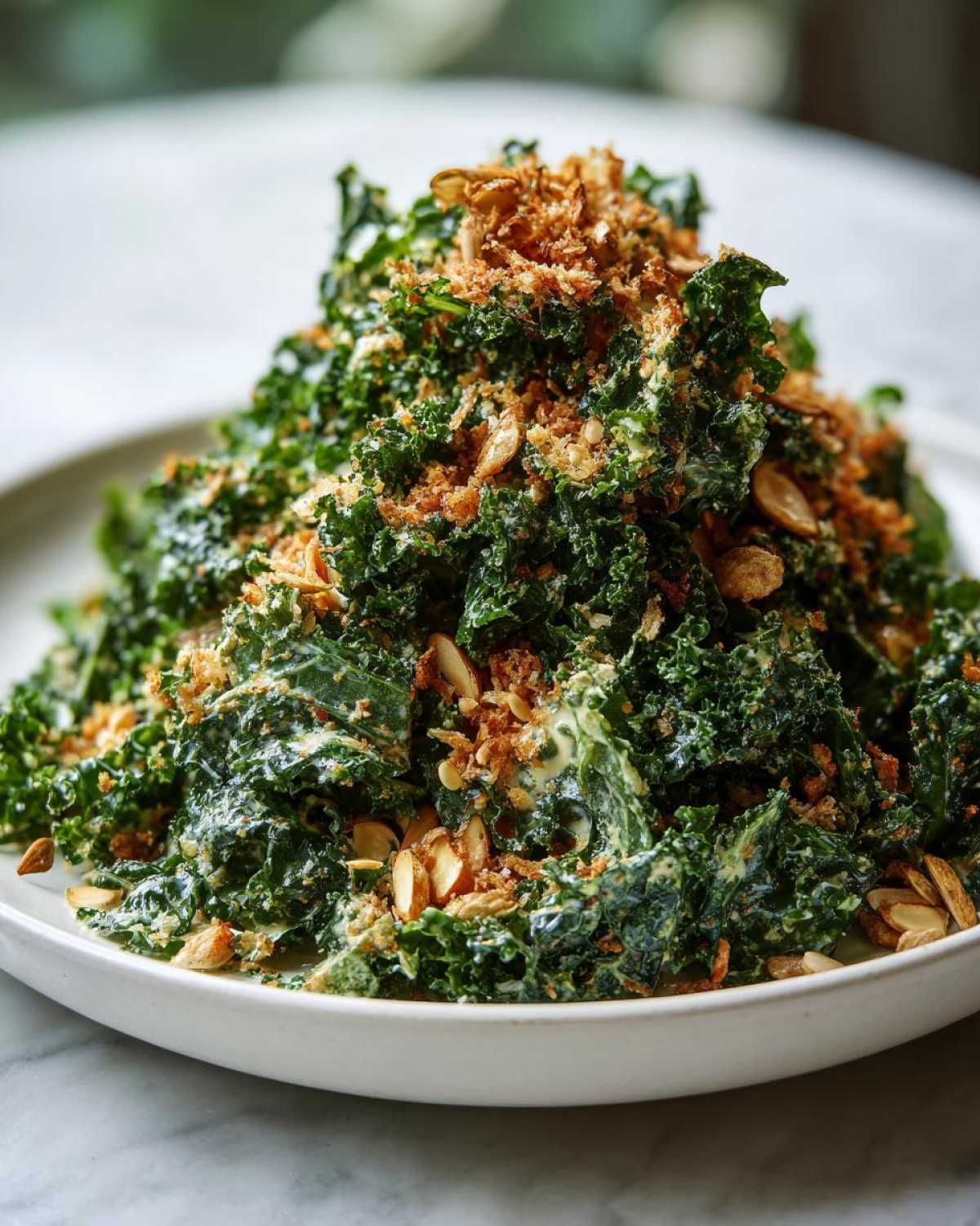 A mound of Copycat Kale Crunch Salad tossed in creamy dressing, topped generously with toasted almonds and crunchy breadcrumbs.