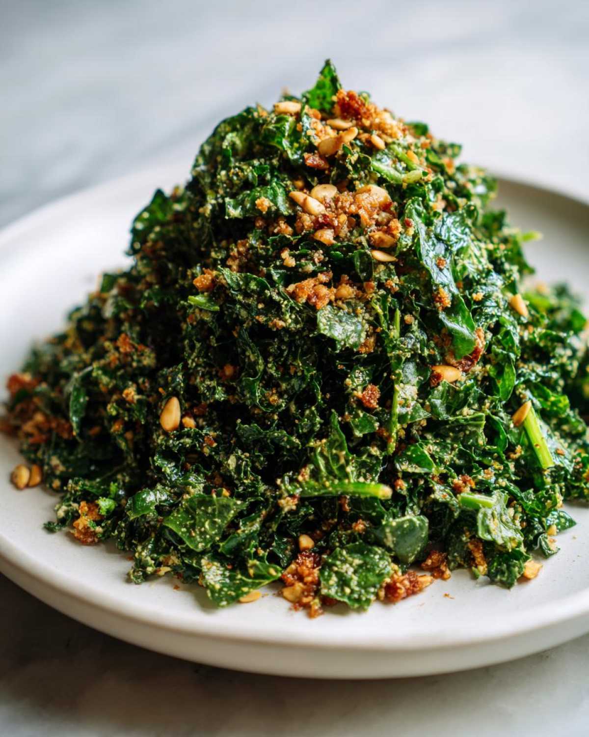A mound of massaged kale tossed in dressing, topped with crunchy breadcrumbs and pine nuts for the Copycat Kale Crunch Salad.