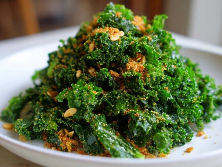 A mound of vibrant green kale tossed and topped with crunchy golden breadcrumbs and seeds, resembling Copycat Kale Crunch Salad.