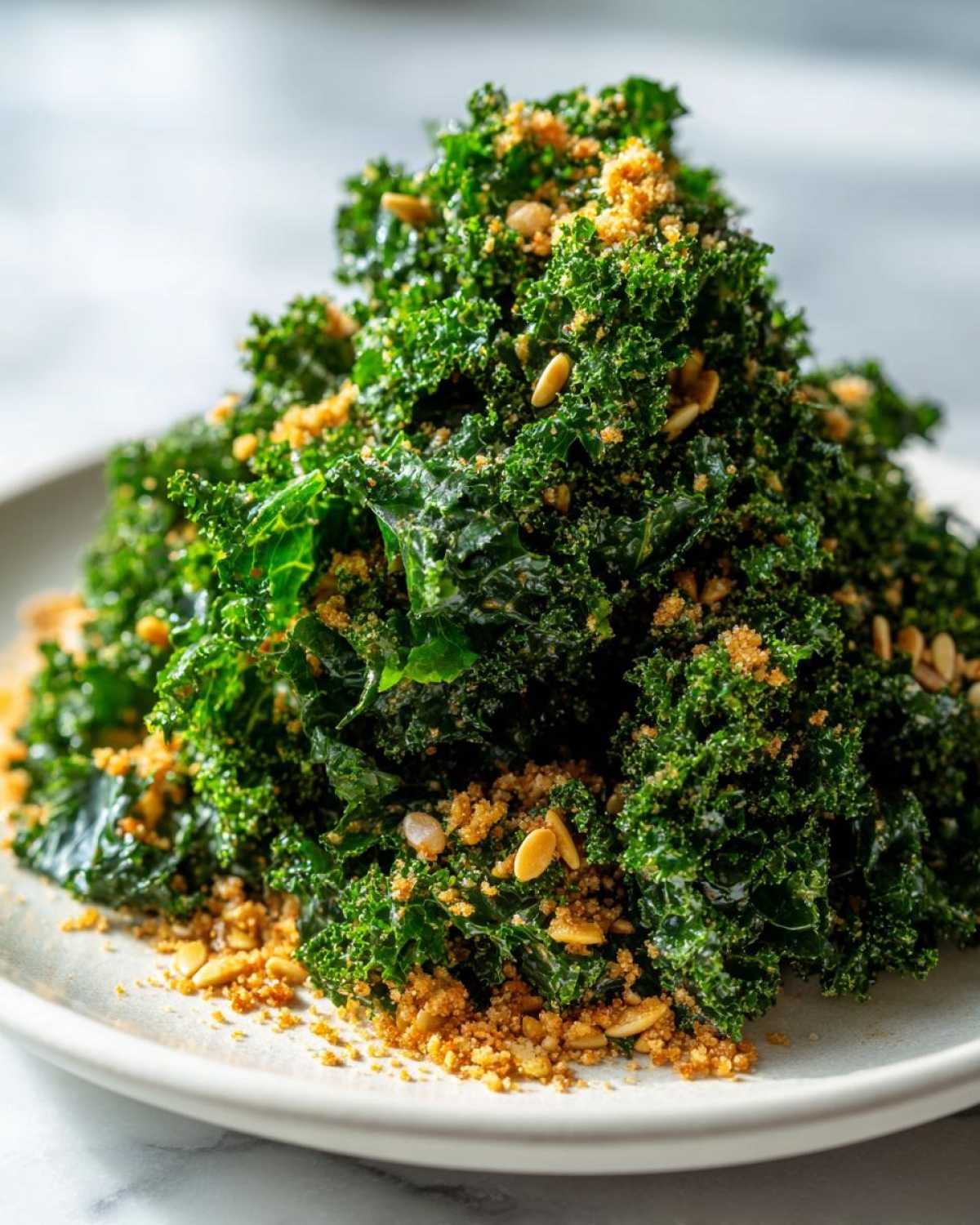 A mound of vibrant green kale topped with crunchy breadcrumbs and pine nuts in a Copycat Kale Crunch Salad.