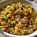 Close-up of bright yellow grilled corn kernels mixed with diced red onion and cilantro, making up the Copycat Mexican Grill Corn Salsa.