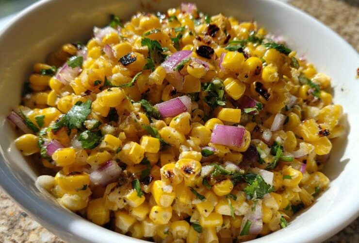 Close-up of bright yellow grilled corn kernels mixed with diced red onion and cilantro, making up the Copycat Mexican Grill Corn Salsa.