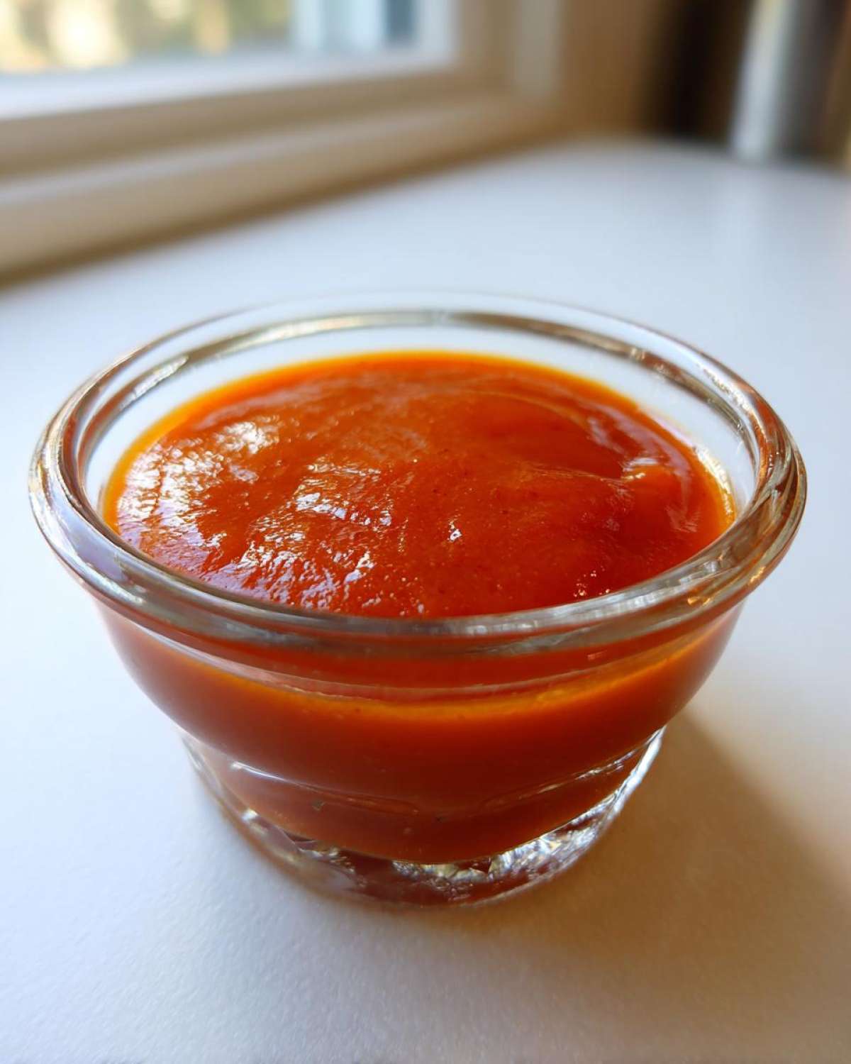 A close-up of bright orange-red Copycat Sweet-Tangy Polynesian Dipping Sauce served in a small, clear glass ramekin.