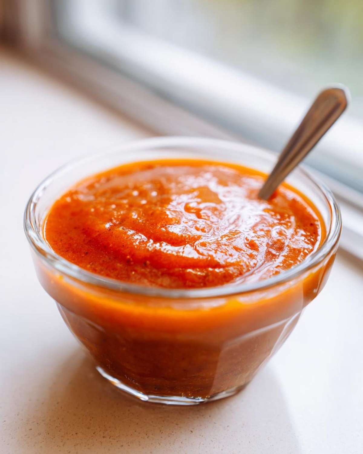A small glass bowl filled with vibrant orange-red Copycat Sweet-Tangy Polynesian Dipping Sauce, with a spoon resting inside.