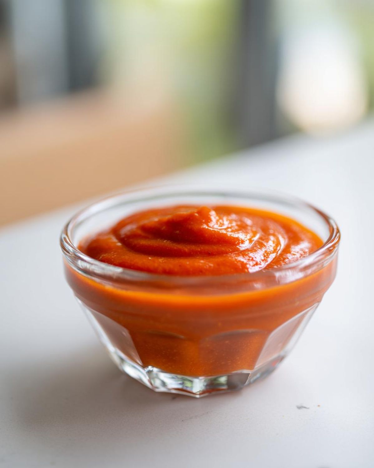 Close-up of vibrant orange Copycat Sweet-Tangy Polynesian Dipping Sauce swirled in a small, faceted glass bowl.