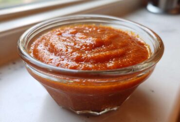 Close-up of thick, vibrant orange Copycat Sweet-Tangy Polynesian Dipping Sauce in a small glass bowl.