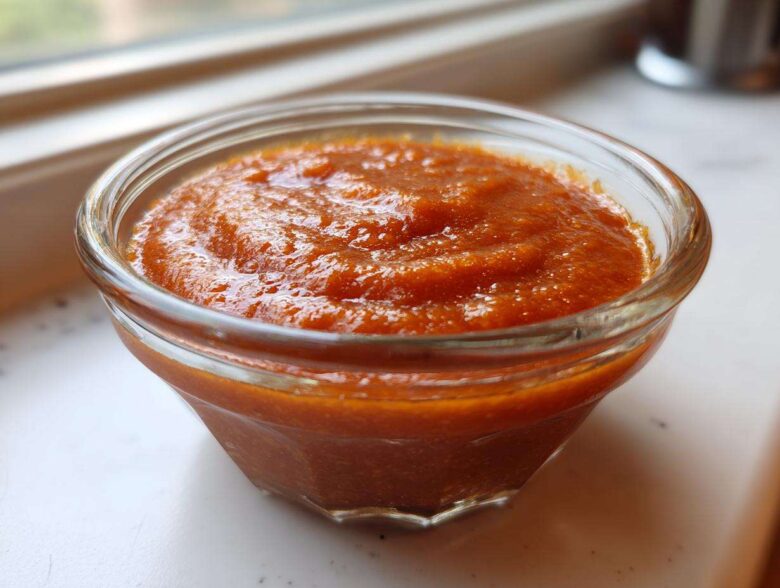 Close-up of thick, vibrant orange Copycat Sweet-Tangy Polynesian Dipping Sauce in a small glass bowl.