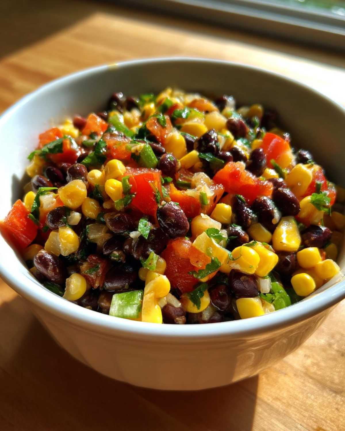 Close-up of a vibrant cowboy caviar recipe featuring black beans, corn, tomatoes, and green herbs in a white bowl.