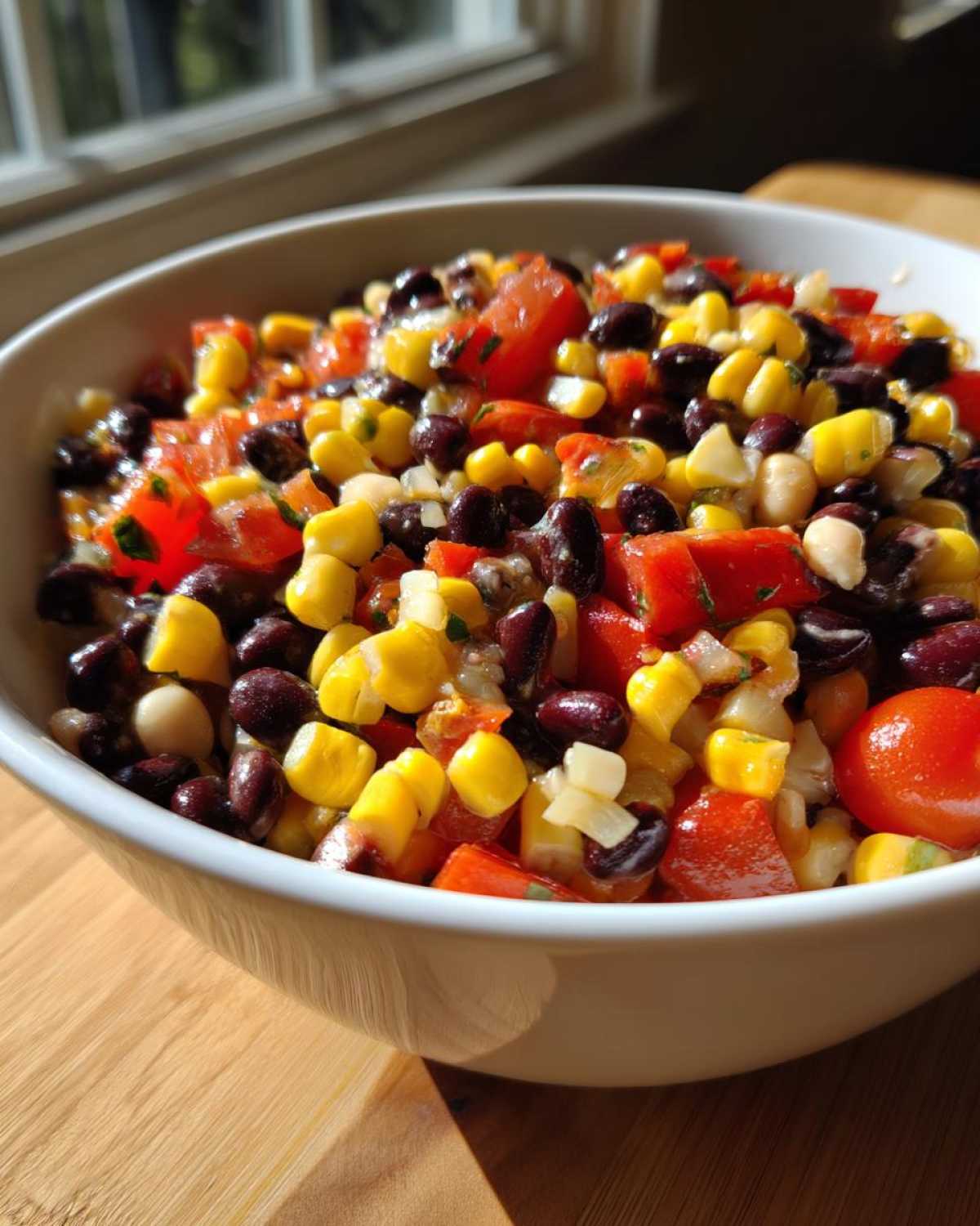 Close-up of vibrant Cowboy Caviar recipe featuring black beans, corn, and diced tomatoes in a white bowl.