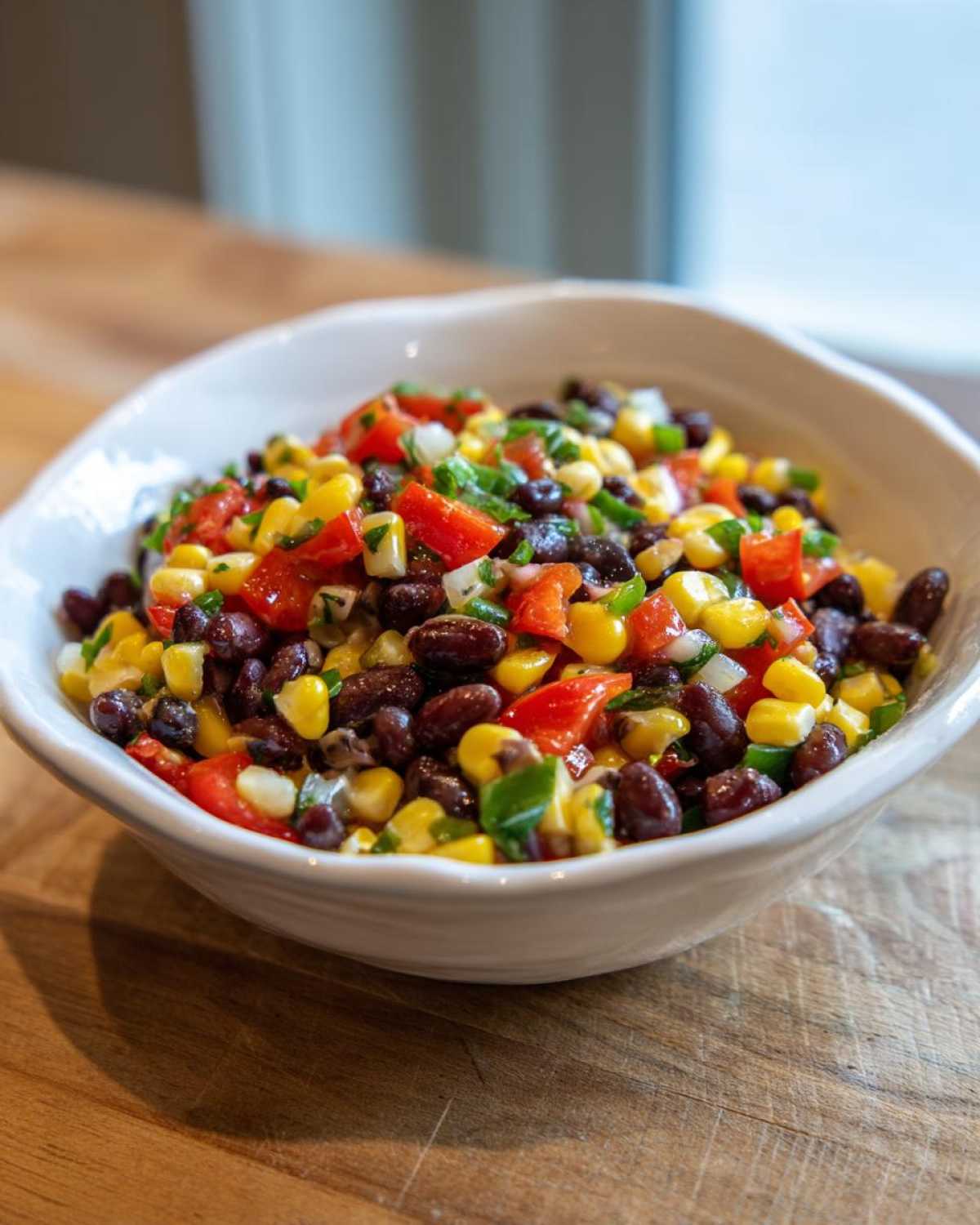Close-up of a white bowl filled with colorful cowboy caviar recipe ingredients like black beans, corn, and red peppers.