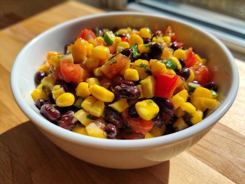 Close-up of a white bowl filled with colorful cowboy caviar recipe featuring black beans, corn, tomatoes, and peppers.