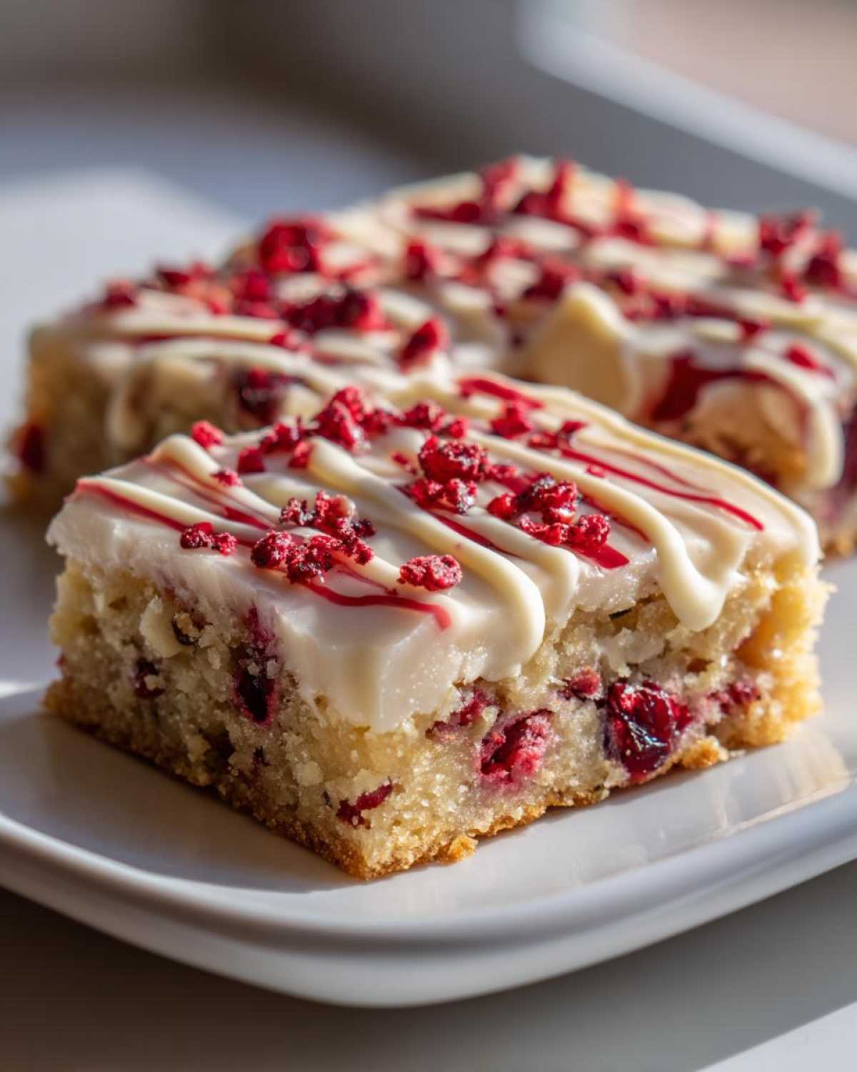 A close-up of a moist cranberry bliss bars square topped with thick white frosting and dried cranberry crumbles.