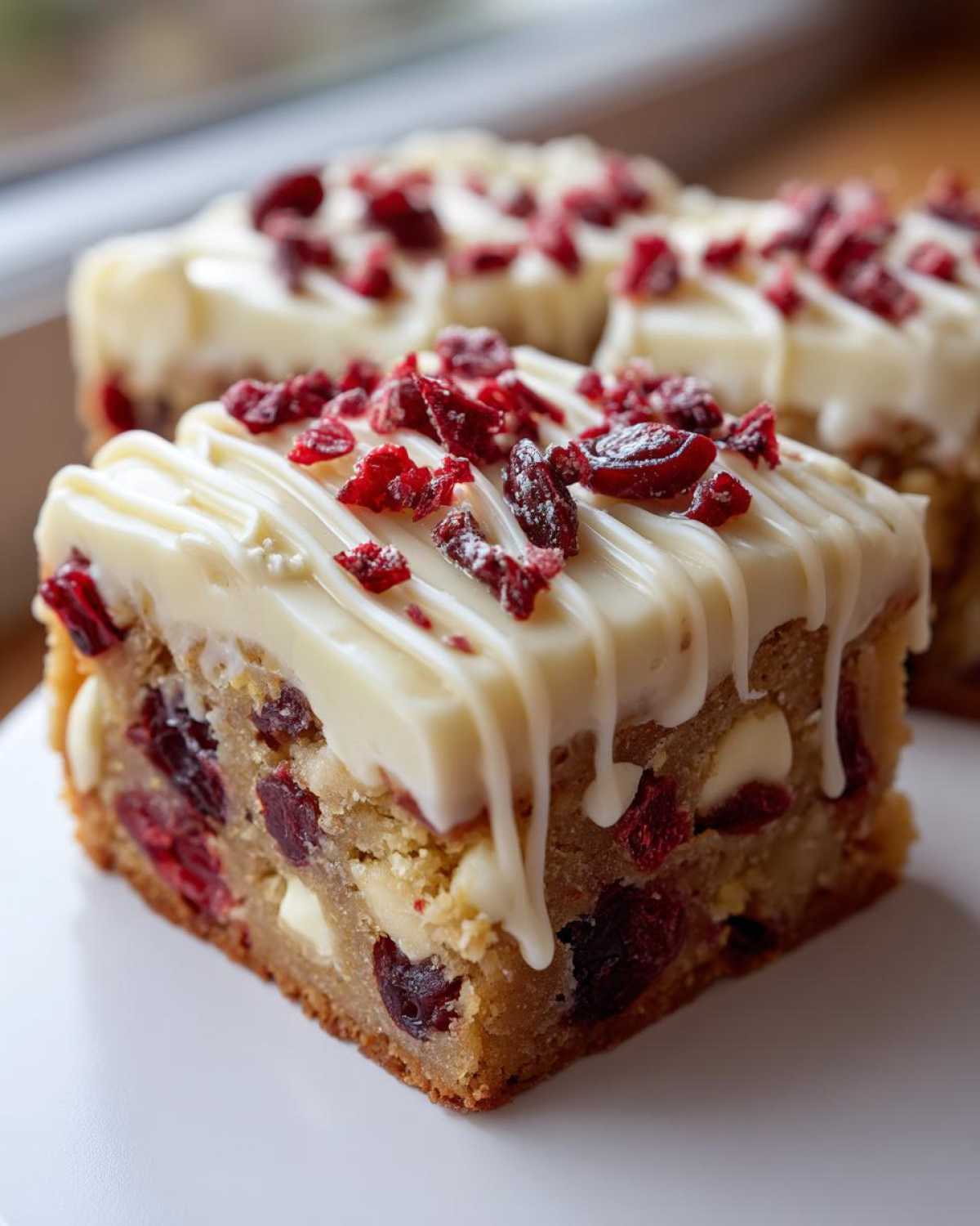 A close-up of a square cranberry bliss bars slice topped with white chocolate icing and dried cranberries.