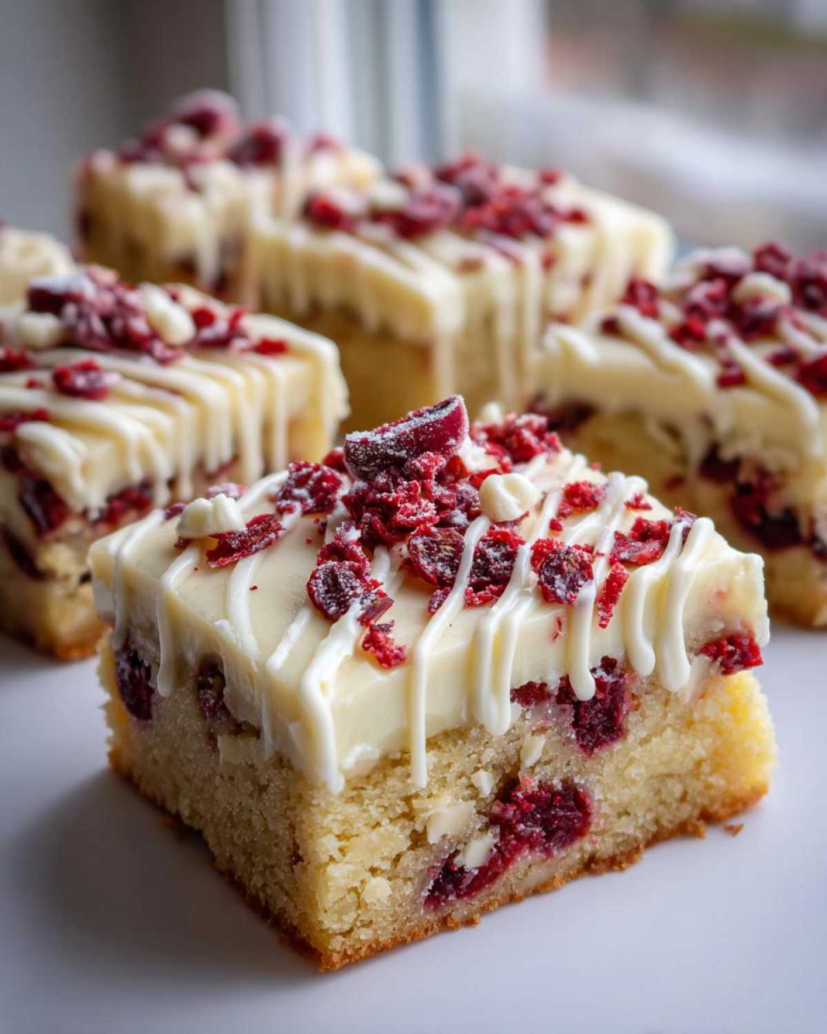 A close-up of a square slice of cranberry bliss bars topped with white chocolate icing and dried cranberries.