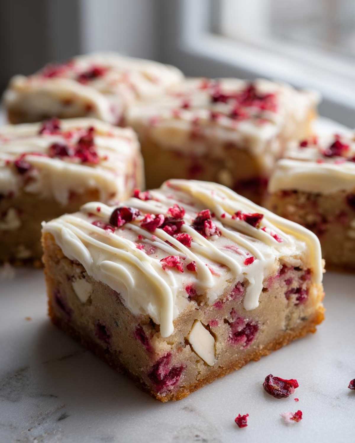 A close-up of a thick, square cranberry bliss bars piece topped with white icing drizzle and dried cranberry pieces.