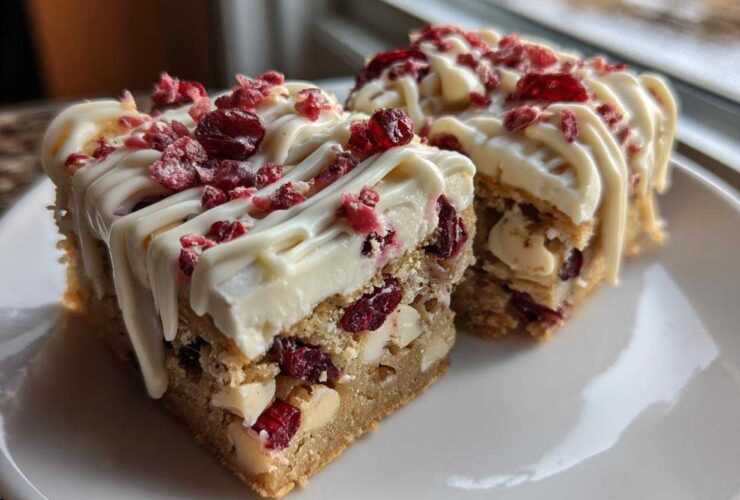 Two decadent slices of cranberry bliss bars topped with thick white frosting, a white chocolate drizzle, and dried cranberries.