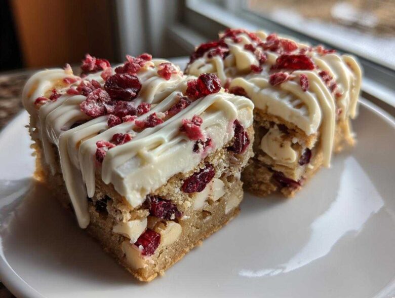 Two decadent slices of cranberry bliss bars topped with thick white frosting, a white chocolate drizzle, and dried cranberries.