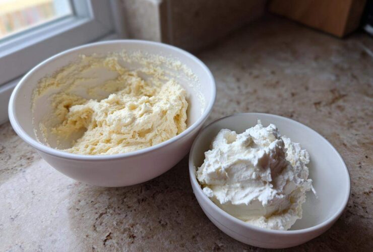 Two bowls showing ingredients for ies: one with creamed butter/sugar mixture and one with whipped cream filling.